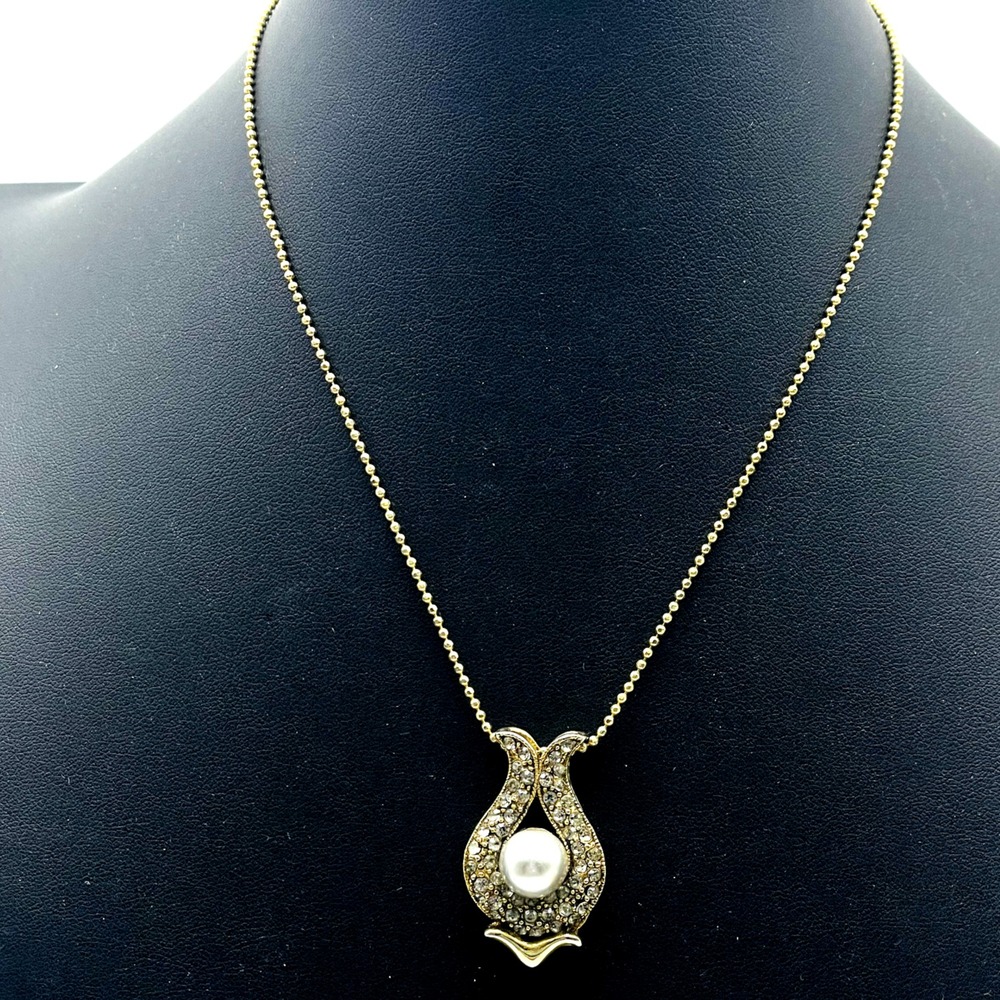 Vintage Gold Tone Pendant Necklace Faux Pearl Rhinestone Ornate Costume Jewelry